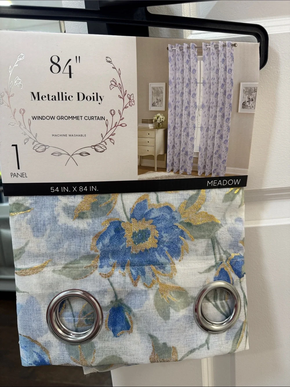Meadow Metallic Doily Grommet Floral Curtain Panel - Blue/Gold